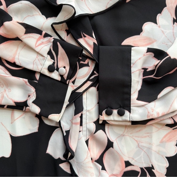 Karl Lagerfeld Black Pink and White Floral Blouse Size M Flowy Office Ruffle - Picture 8 of 13